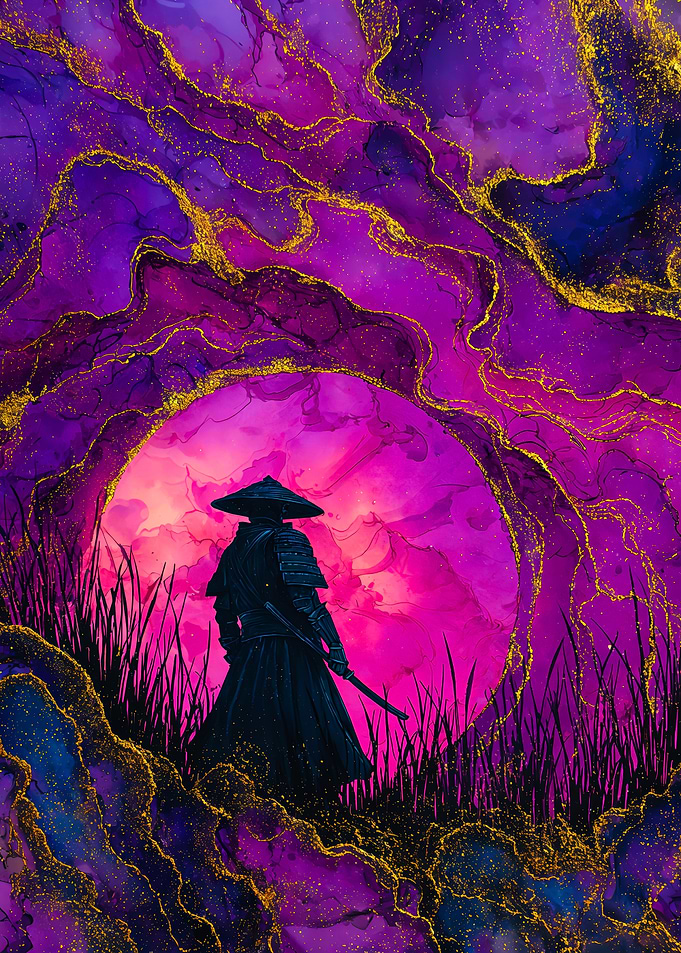 Samurai Silhouette Purple Gold Ink