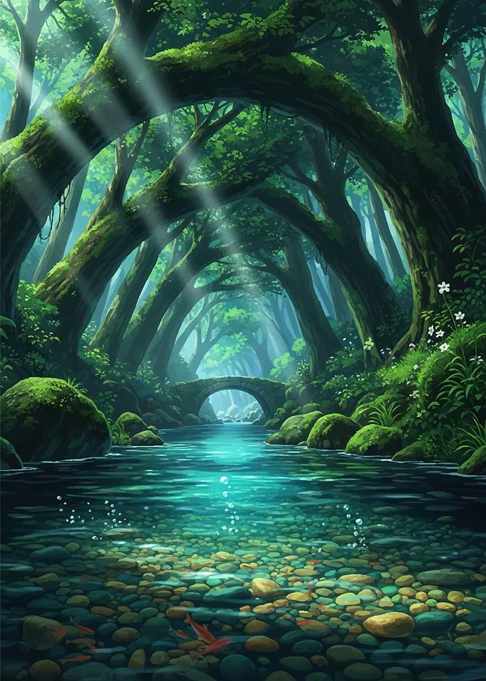 Enchanted Forest Stream with Stone Bridge