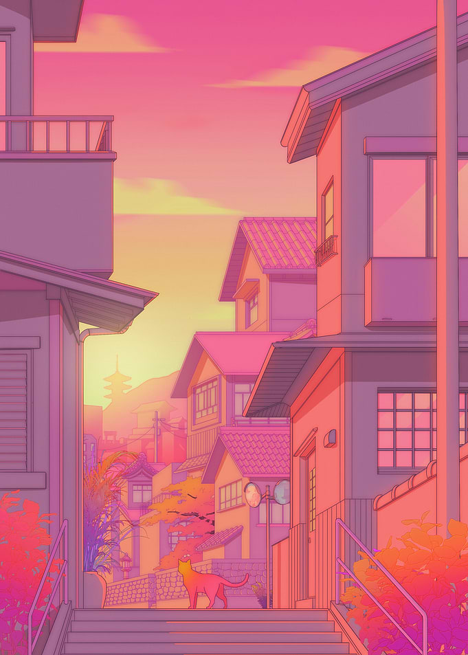 Anime Street Scene at Sunset