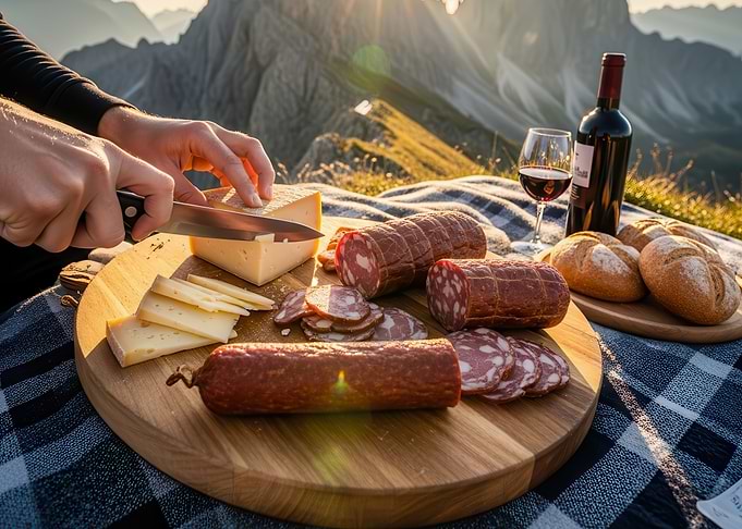 Mountain Picnic with Cheese, Salami, and Wine
