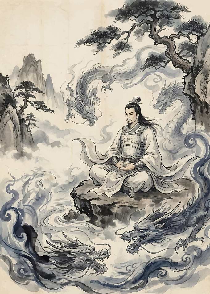 Man Meditating with Dragons