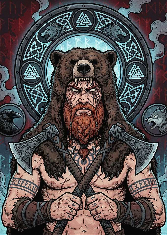 Viking Warrior with Bear Headdress and Axes