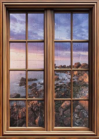 Rainy Window View of Rocky Coastline