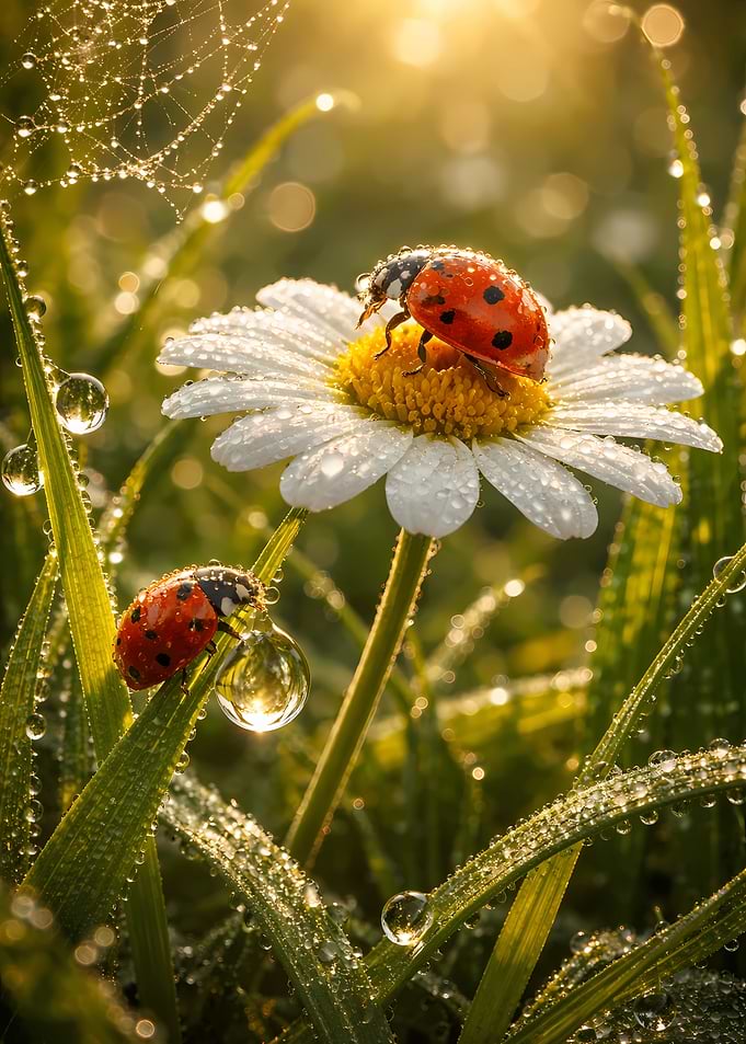 Ladybugs on a Daisy in Morning Dew