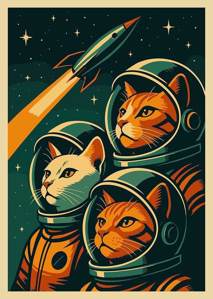 Astronaut Cat Poster, Retro Space Cat Wall Art, Vintage Rocket Adventure Print