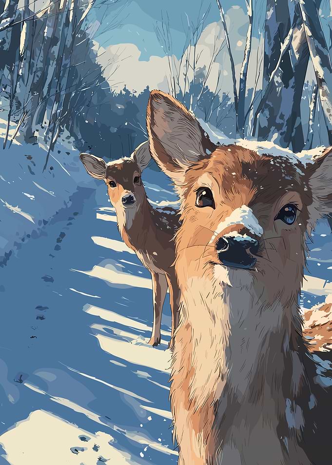 Two deer in a snowy forest
