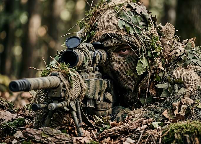 Sniper in Camouflage Aiming Rifle