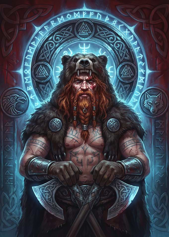 Viking Warrior with Bear Headdress and Axes