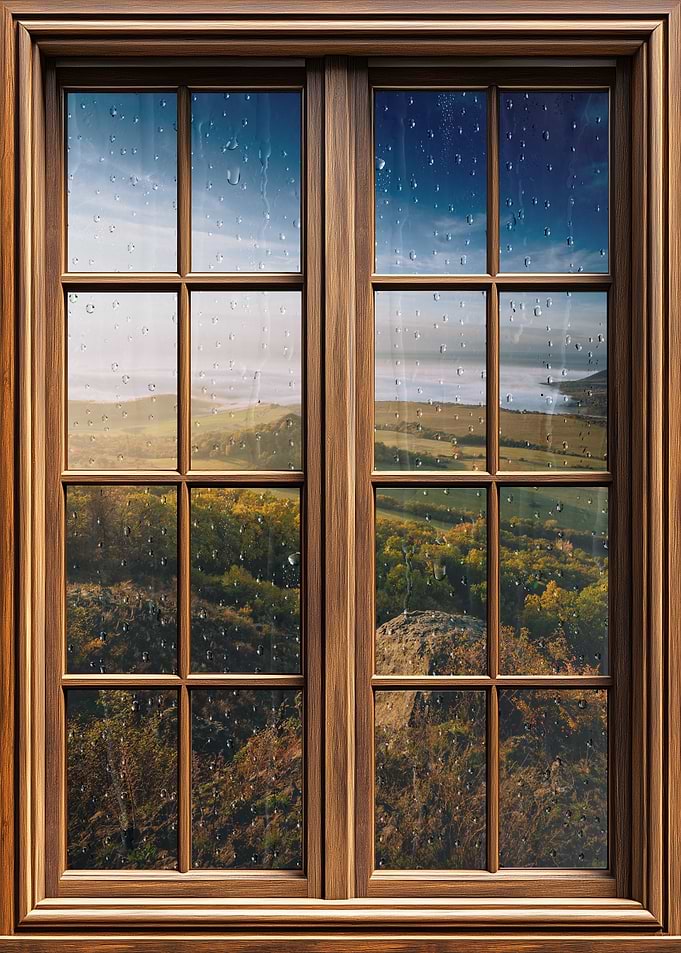Rainy Window View of Autumn Landscape