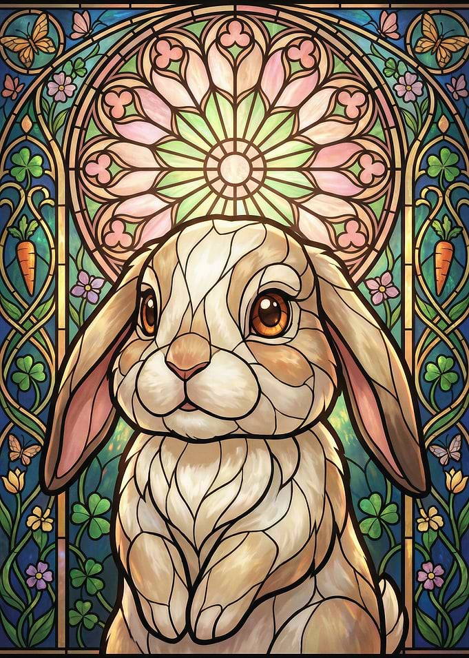 Stained Glass Bunny with Floral Border