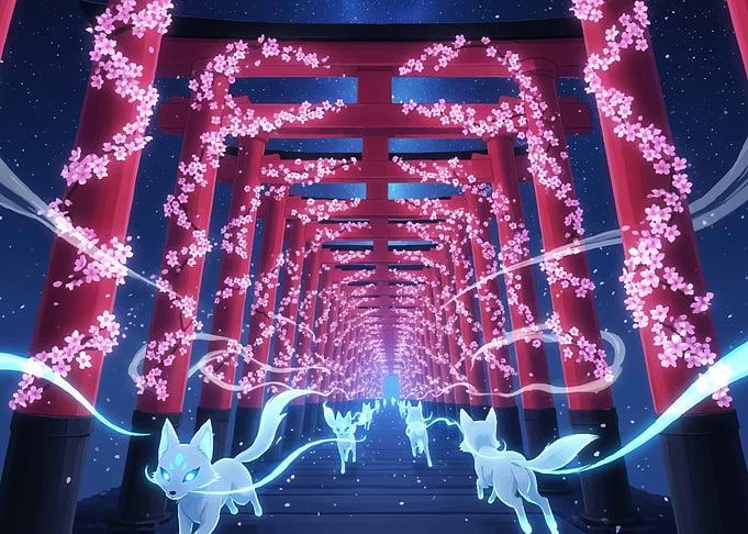 Magical Foxes in Cherry Blossom Torii Gates