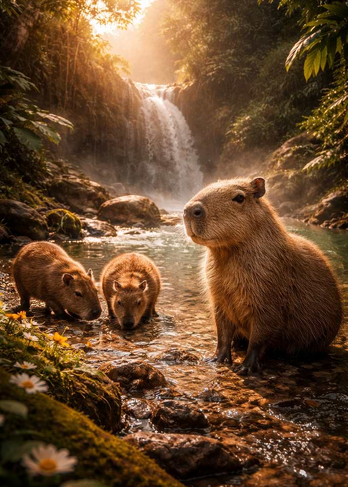 Capybaras by a Waterfall