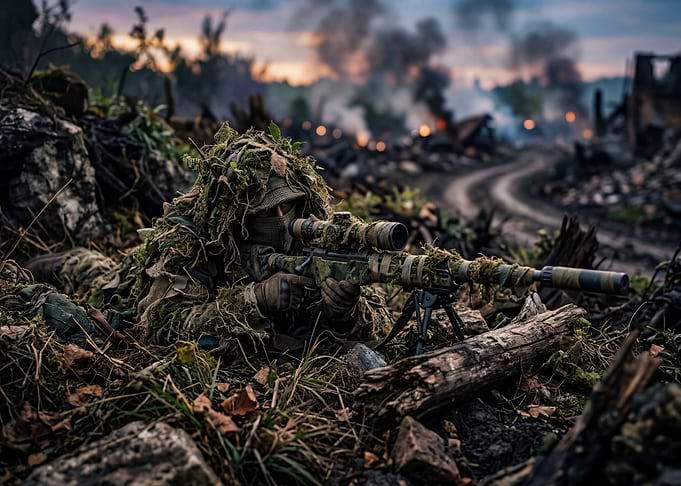 Camouflaged Sniper in War Zone