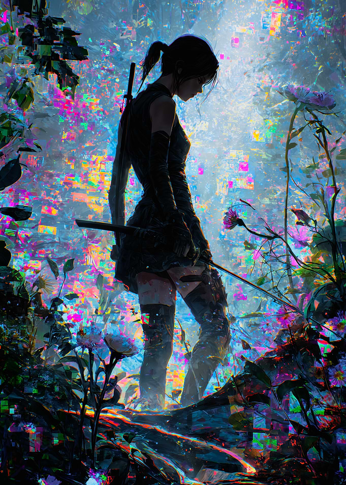 Cyberpunk Ninja Girl Colorful Glitch