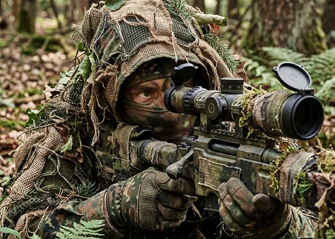 Camouflaged Sniper in Forest