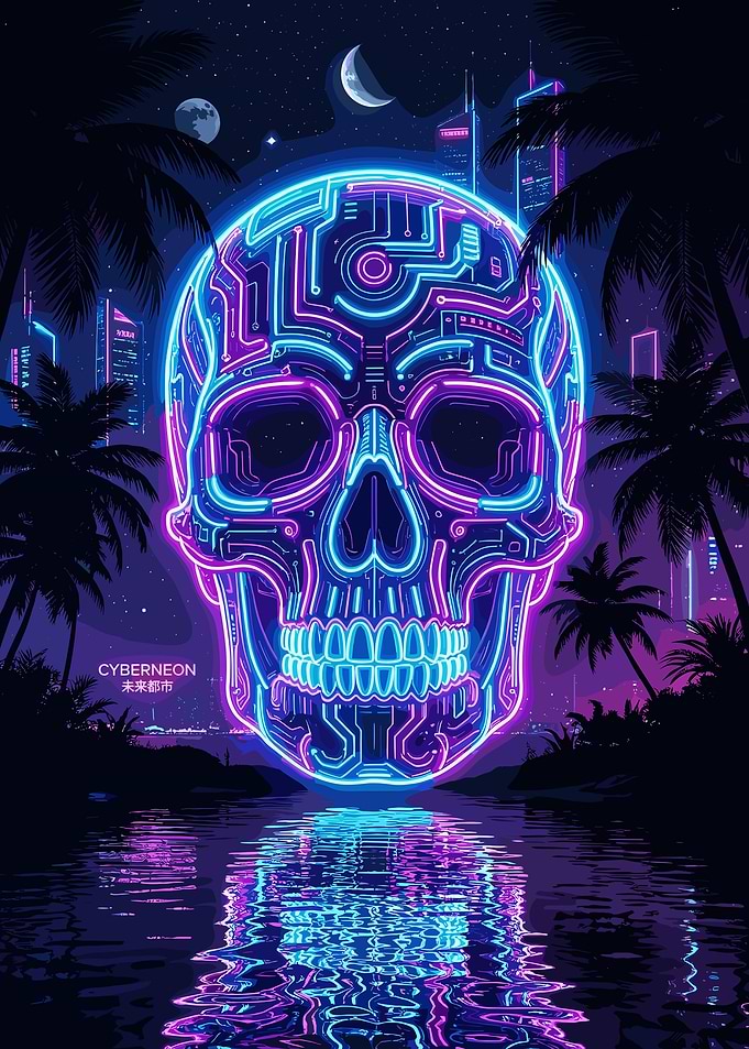 Cyberpunk Neon Skull Cityscape