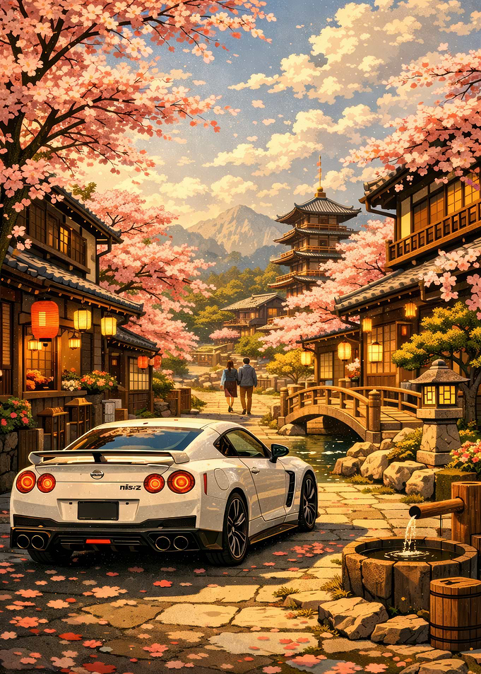 White Nissan GT-R in Japanese Cherry Blossom Town
