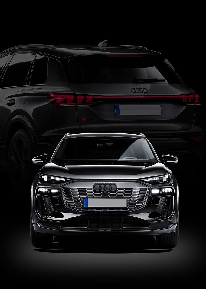 Dark Audi SQ6 e-tron Front and Rear View