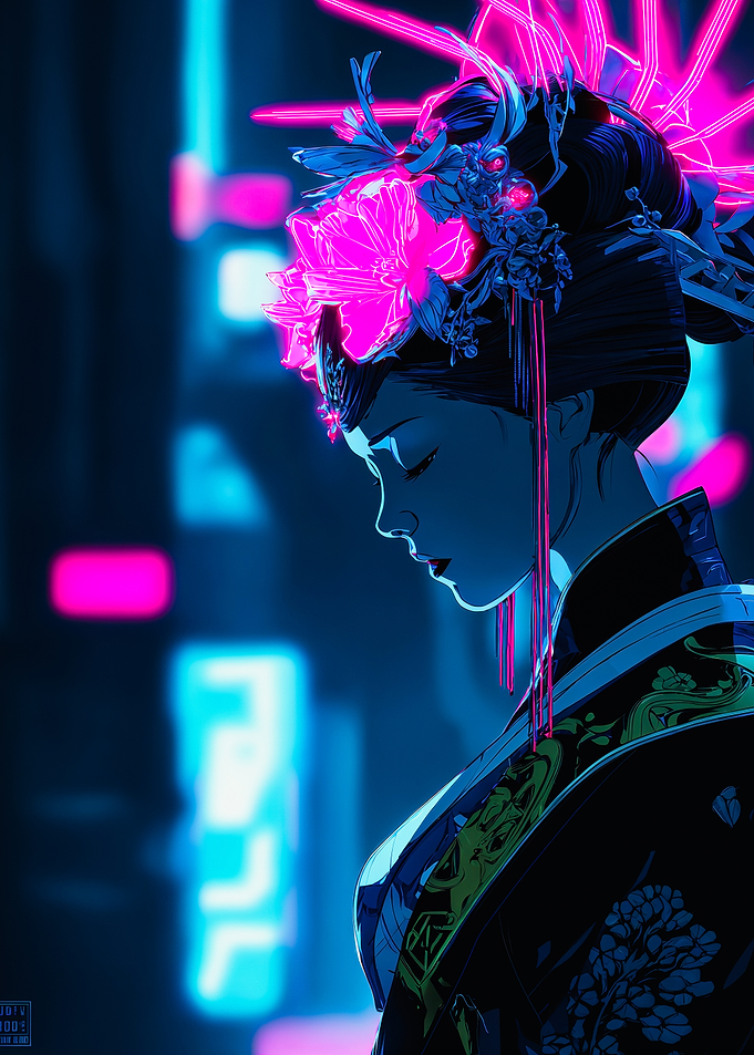 Cyberpunk Geisha Profile Neon Kimono