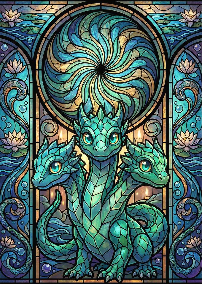 Stained Glass Dragon with Water Lilies