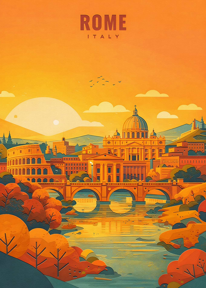 Rome Cityscape with Colosseum and St. Peter's Basilica