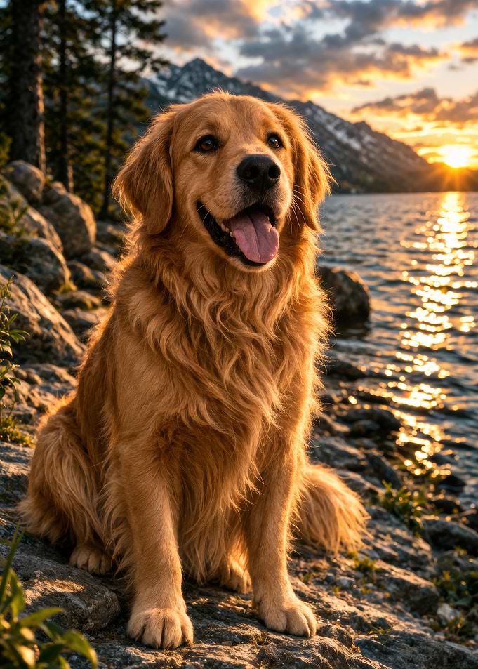 Golden Retriever by a Lake at Sunset