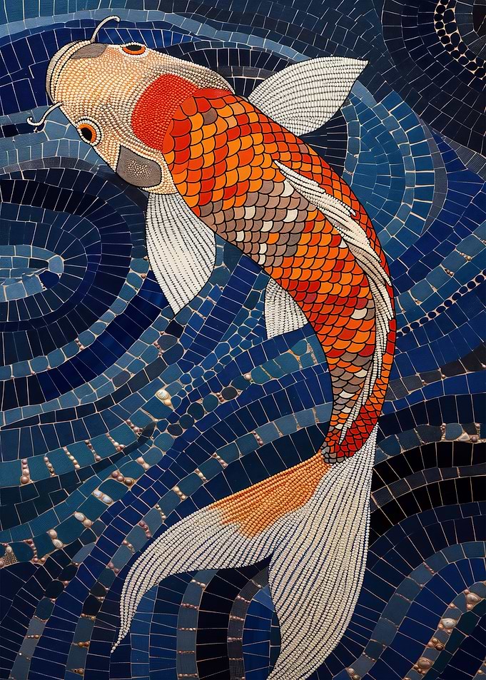 Koi Fish Mosaic in Blue Water