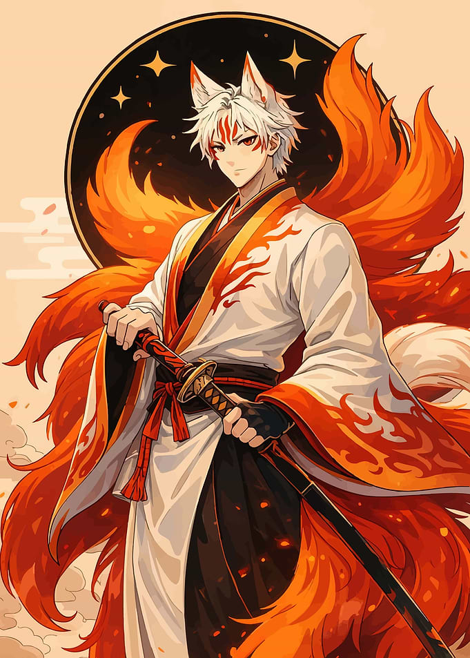 Anime Kitsune Warrior with Fiery Tails