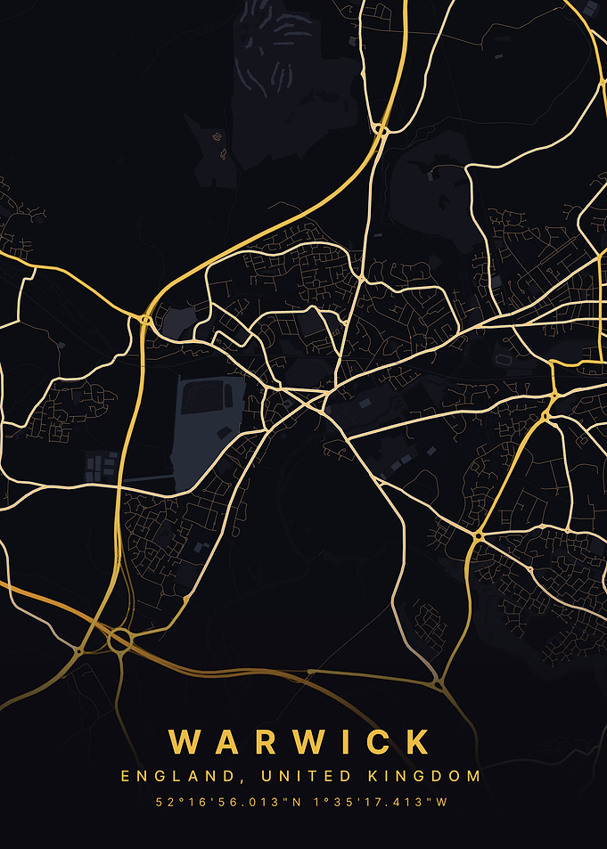 Warwick England Black and Gold Map