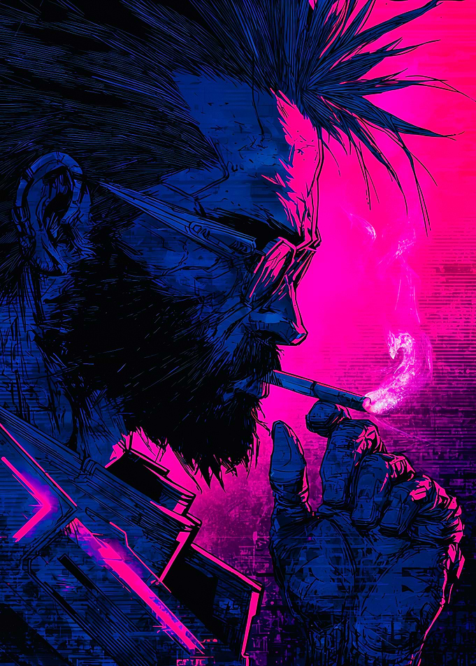 Cyberpunk Bearded Man Smoking Neon Art