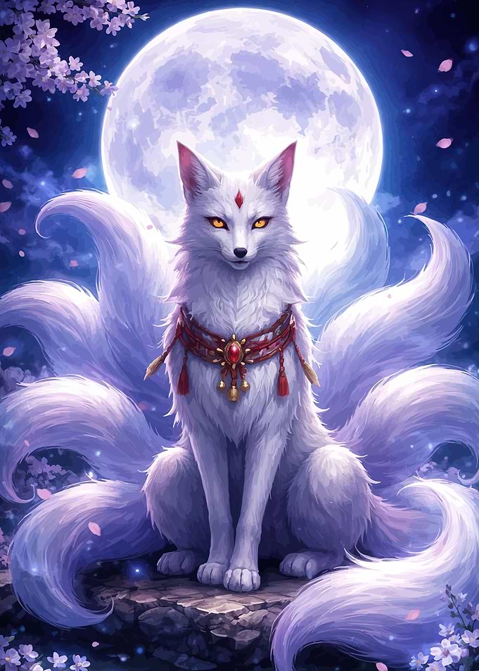 Nine Tailed Fox Spirit Under the Moon