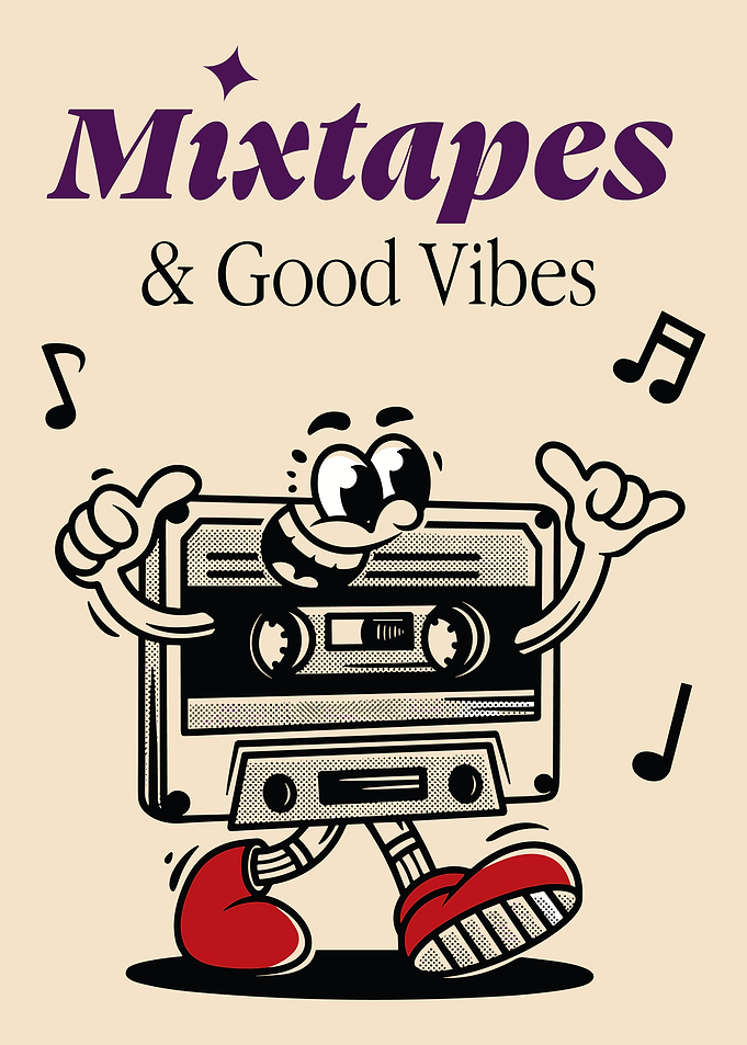 Mixtapes & Good Vibes Poster, Retro Cassette Cartoon Art, Vintage Music Wall Print