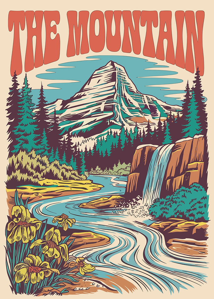 Retro Mountain Waterfall Landscape