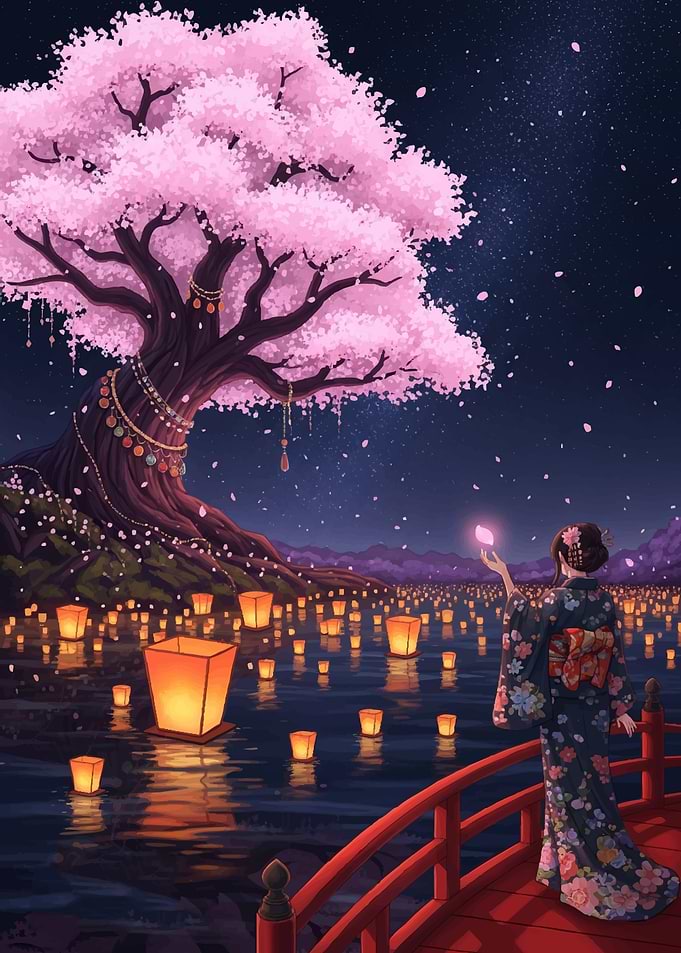 Woman Releasing Lantern Under Cherry Tree