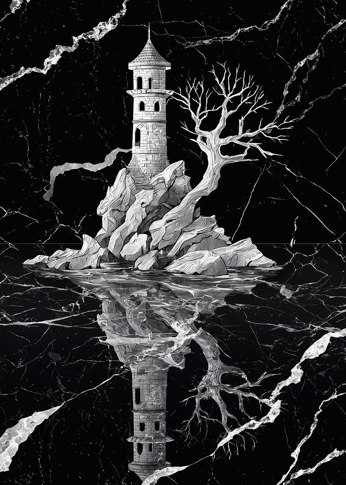 Lighthouse Tower Reflection Monochrome Art
