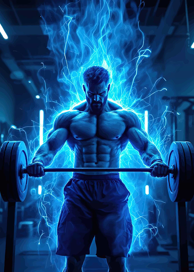 Muscular man lifting weights with blue energy