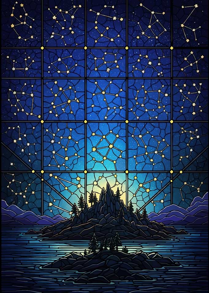 Stained Glass Constellations Over Island Landscape