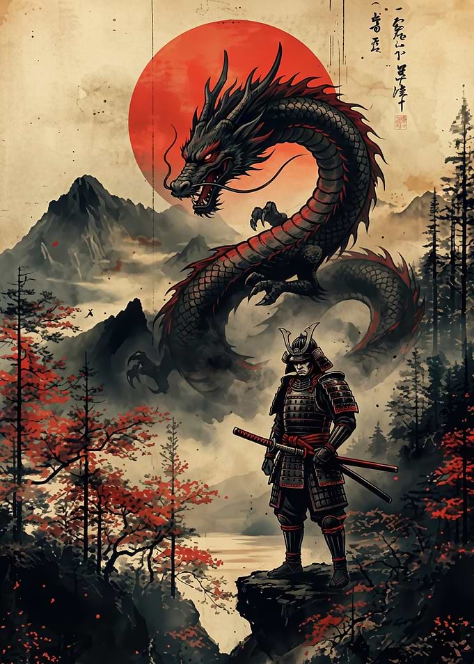 Samurai Facing Dragon Under Red Sun