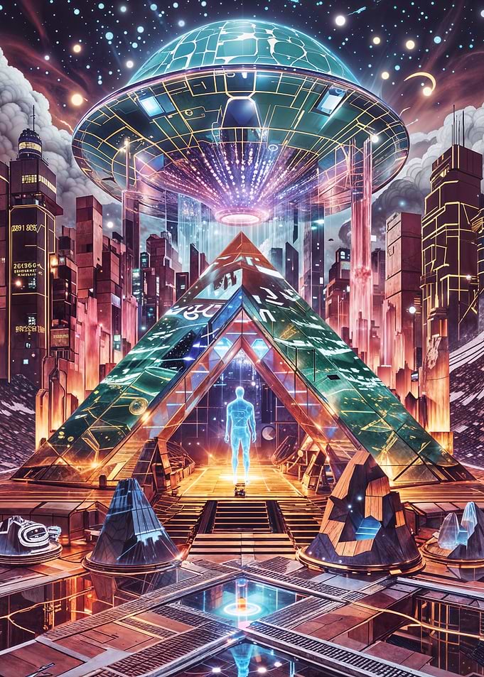 Futuristic Cityscape with UFO and Pyramid