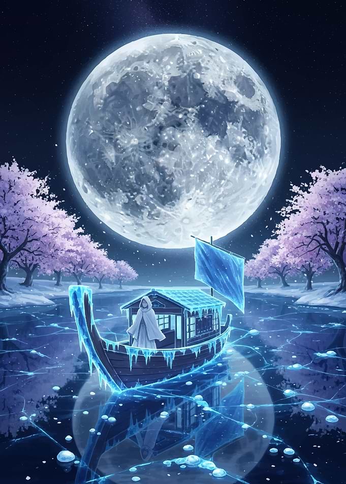 Enchanted Winter Boat Under Full Moon