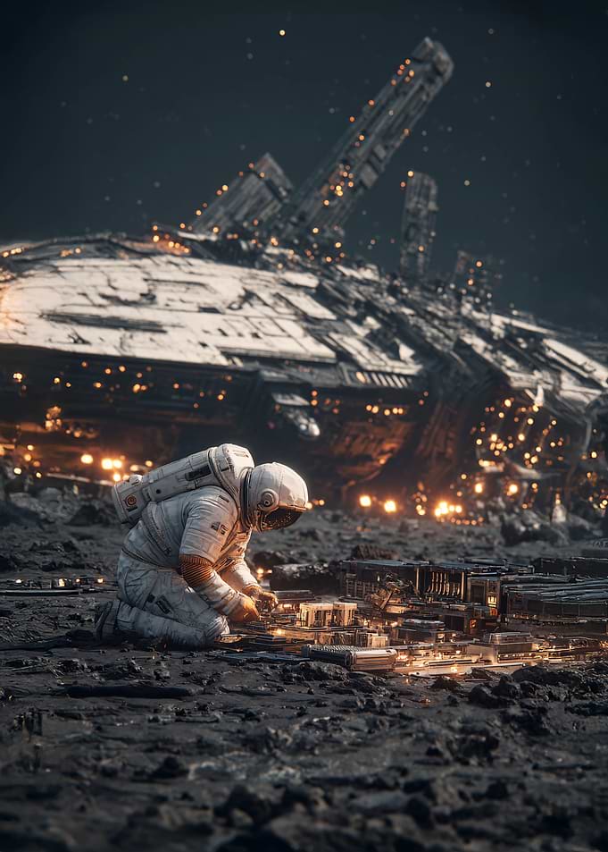 Astronaut working on alien planet