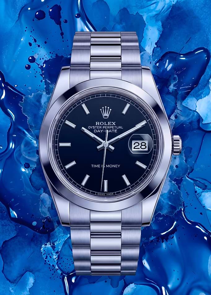 Rolex Day-Date Watch on Blue Abstract Background