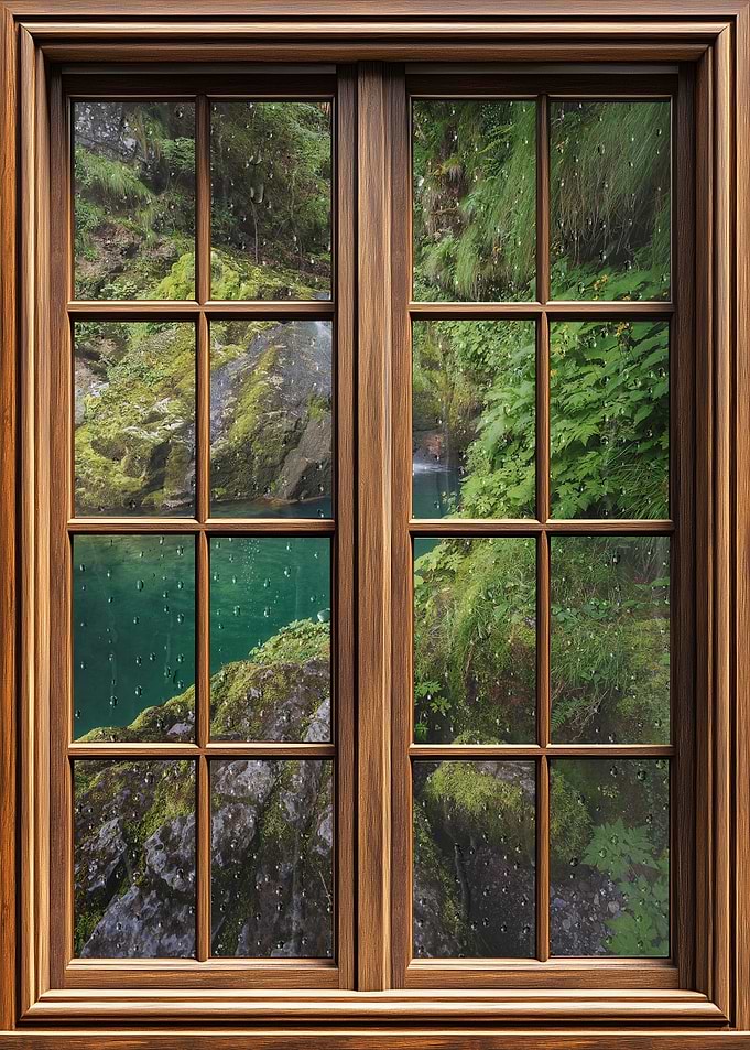 Window View of a Rainy Waterfall
