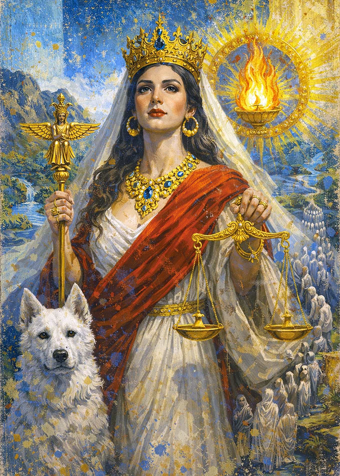 Daena Goddess of Justice with Scales and Dog