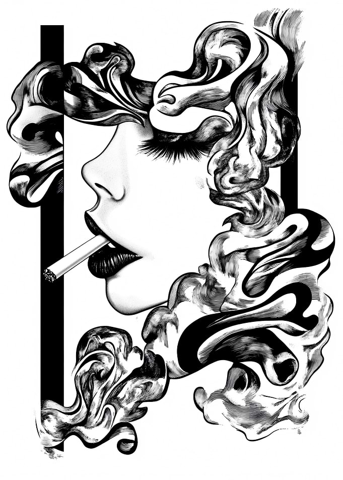 Woman smoking, stylized smoke