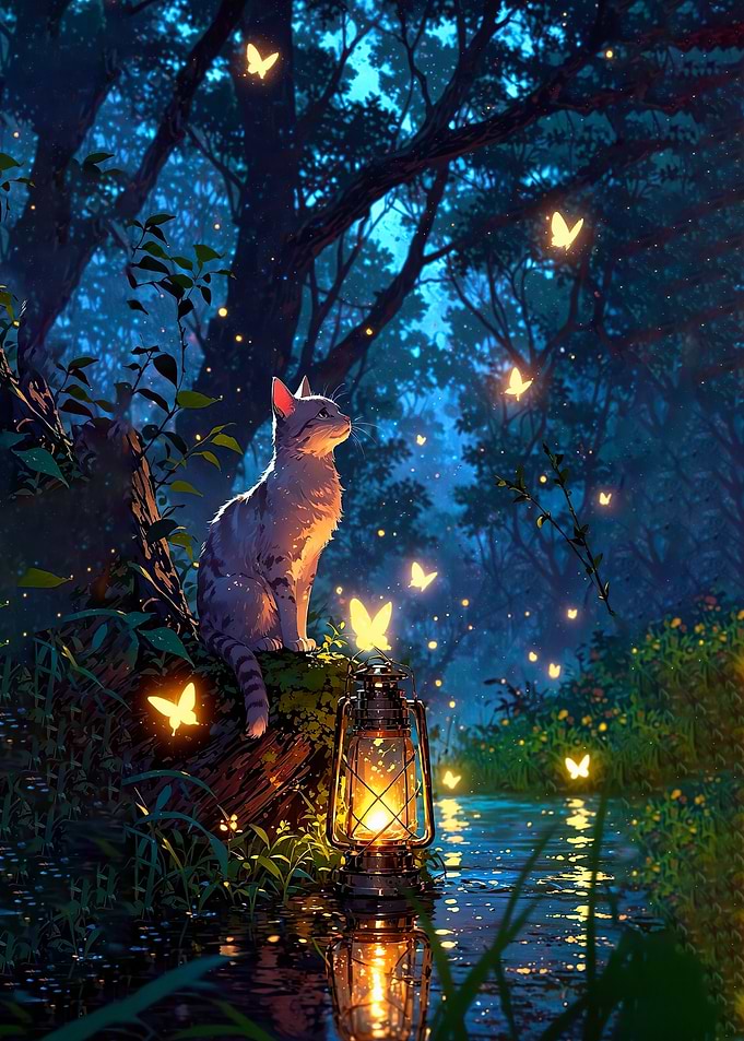 Cat in a magical forest with butterflies
