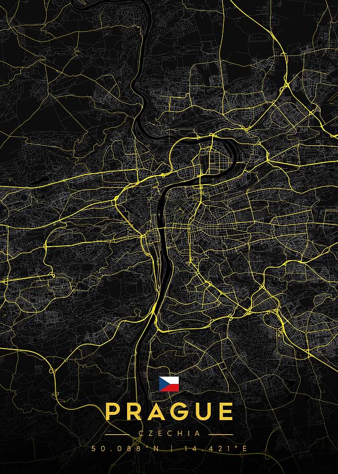 Prague City Map Obsidian Gold