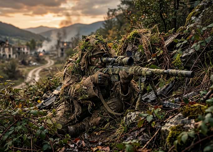 Sniper in camouflage aiming rifle