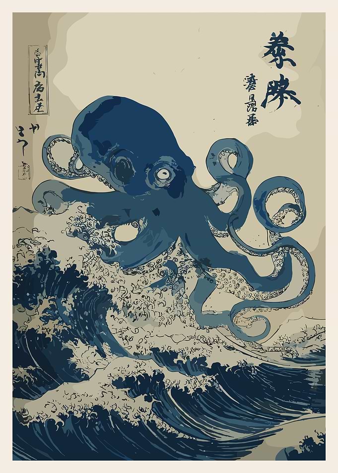 Giant Octopus in Japanese Wave Art