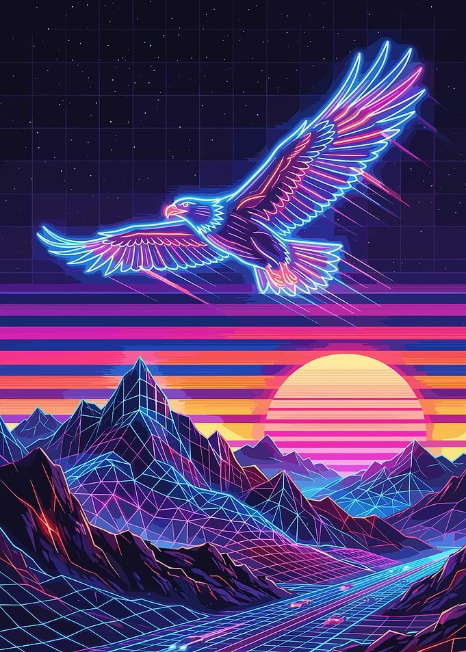 Retro Eagle Over Neon Mountains